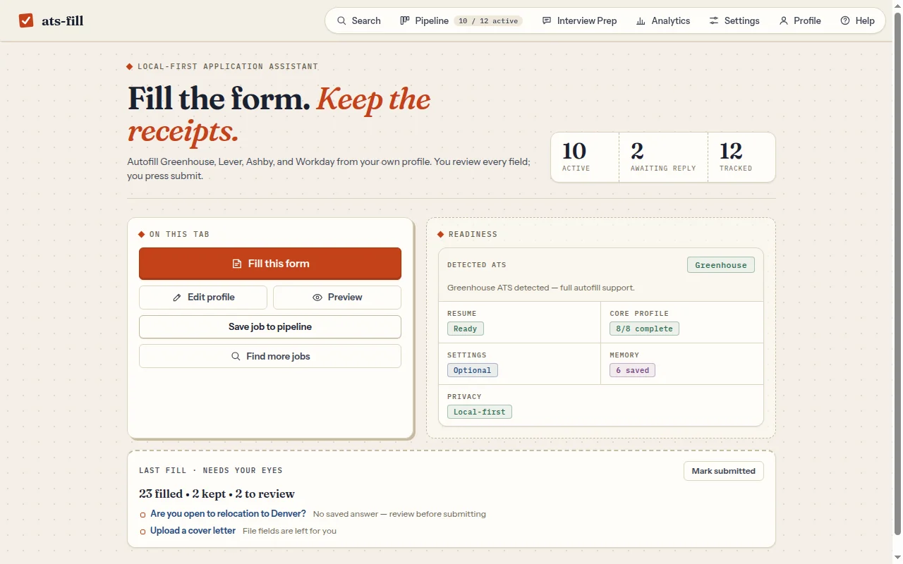 ats-fill home screen: Greenhouse detected, a Fill this form button, readiness checks, and a last-fill summary of 23 filled, 2 kept and 2 to review
