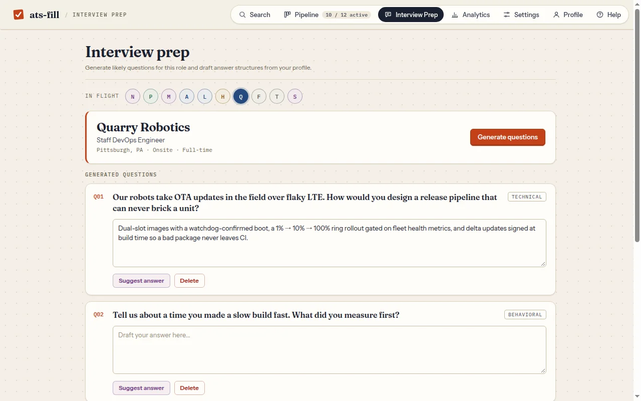Interview prep screen with generated practice questions for a saved job