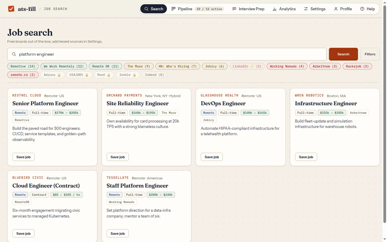 Job search for platform engineer with result counts per board and six fictional job cards with pay ranges and Save job buttons