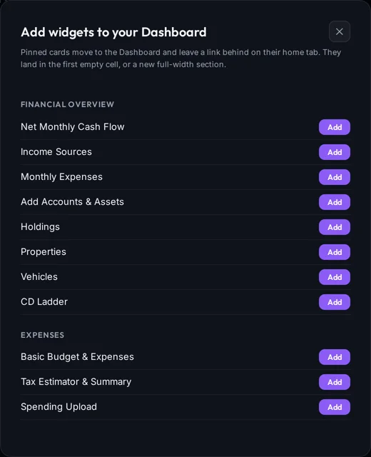 Add widgets to your Dashboard picker listing cards from the Financial Overview and Expenses tabs