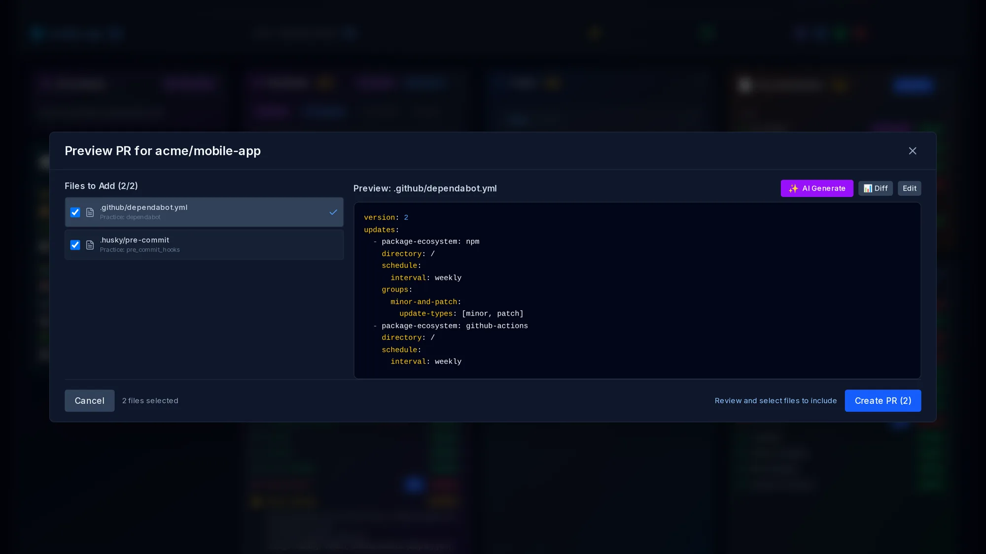 Preview PR dialog for acme/mobile-app listing .github/dependabot.yml and .husky/pre-commit, with a YAML preview and a Create PR (2) button
